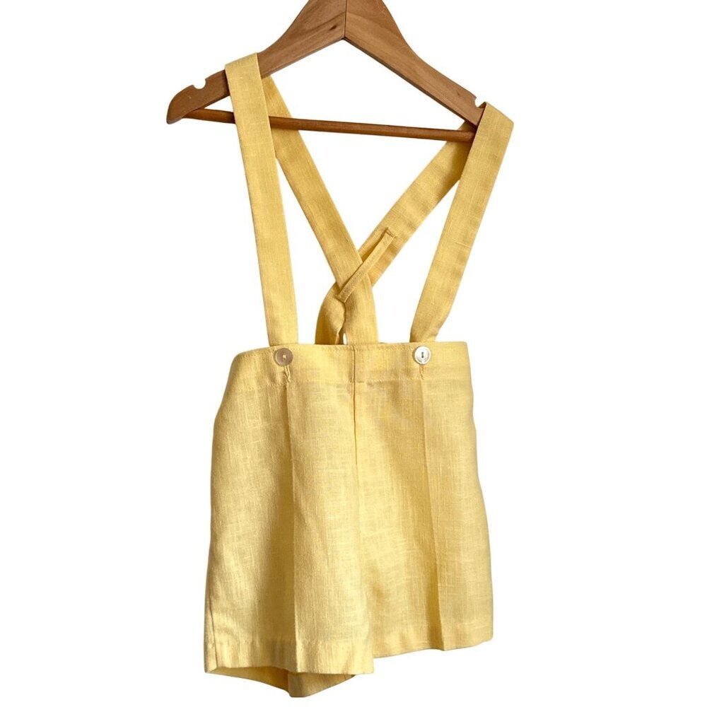 Vintage Yellow Linen? Suspender Shorts For Kids With Cross-Back Straps & Button